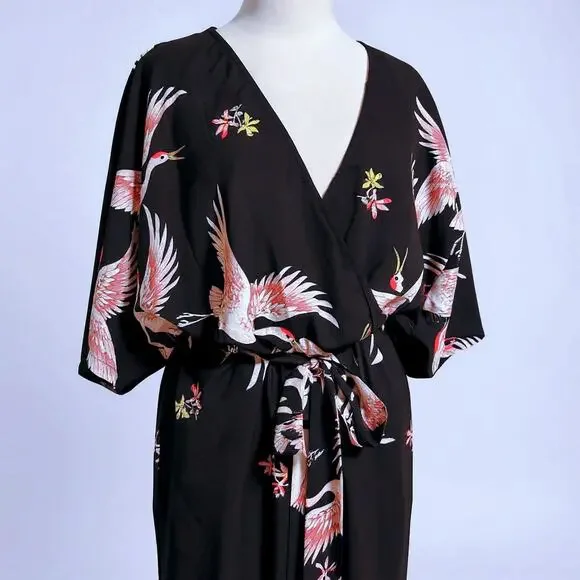 Luxe Blush and Black Blossom and Crane Print Kimono Style Junpsuit - Picture 4 of 4